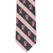 Load image into Gallery viewer, Front view of a black and light pink breast cancer awareness striped tie
