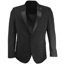 Load image into Gallery viewer, Front view of a black peak lapel dinner jacket