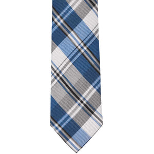 Front flat view of a blue and gray plaid necktie