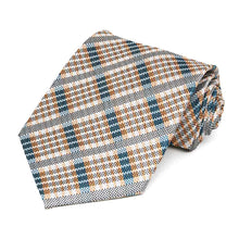 Load image into Gallery viewer, Loch blue tan and white plaid necktie, rolled to show texture