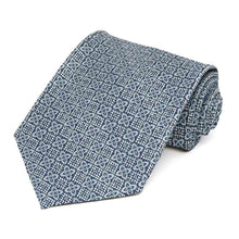 Load image into Gallery viewer, Dusty blue square floral pattern necktie rolled to show details