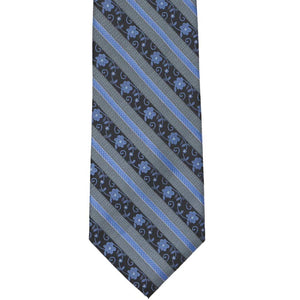 Flat front view of a blue floral stripe extra long necktie