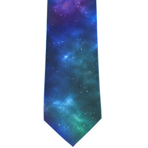 Colorful blue, green and purple outer space galaxy tie, front view