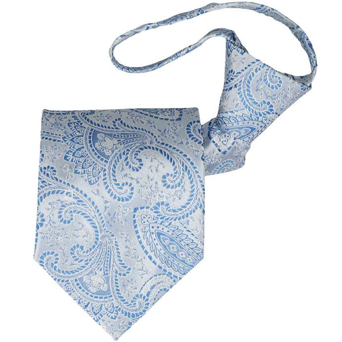 Pastel blue paisley zipper tie, folded front view to show pattern and knot