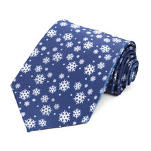 Load image into Gallery viewer, Falling snowflakes on a men&#39;s blue novelty tie