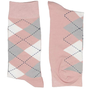Pair of blush pink and gray argyle dress socks for men