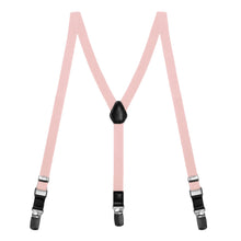 Load image into Gallery viewer, A pair of skinny blush pink suspenders with silver tone clips and black leather details