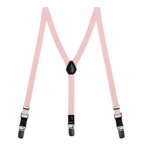 A pair of skinny blush pink suspenders with silver tone clips and black leather details