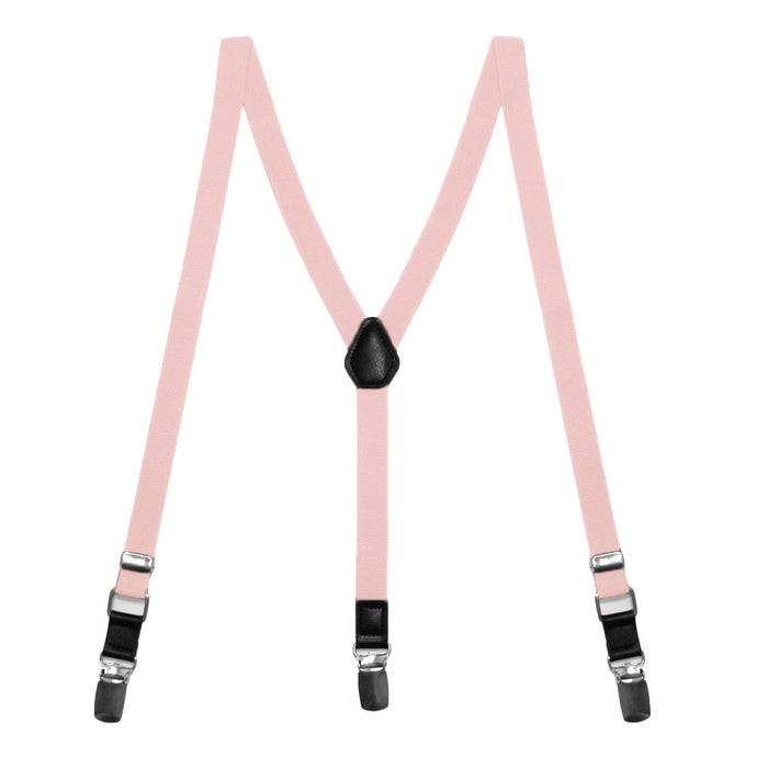 A pair of skinny blush pink suspenders with silver tone clips and black leather details