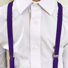 Load image into Gallery viewer, Boy wearing amethyst purple suspenders with a white dress shirt