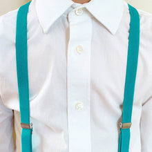 Load image into Gallery viewer, Boy wearing a white dress shirt and cyan blue suspenders