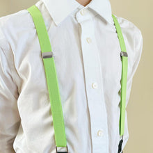 Load image into Gallery viewer, Child wearing lime green suspenders with a white dress shirt
