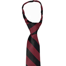 Load image into Gallery viewer, The knot and collar on a boys&#39; burgundy and black striped zipper tie