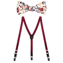 Load image into Gallery viewer, A pair of boys burgundy suspenders with a burgundy, tan and cream bow tie
