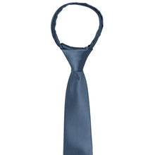 Load image into Gallery viewer, The knot and front of a boys&#39; dusty blue zipper tie
