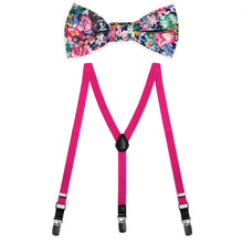 Load image into Gallery viewer, A set of boys&#39; bright fuchsia skinny suspenders and floral bow tie