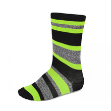 Load image into Gallery viewer, Boys&#39; hot lime green, gray and black crew height striped socks.