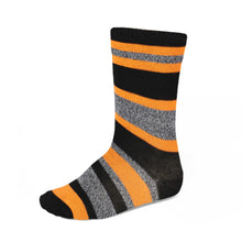Load image into Gallery viewer, Boys&#39; black, orange and gray crew height striped socks.