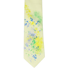 Load image into Gallery viewer, Flat view of a boys&#39; yellow tie with colorful art stains
