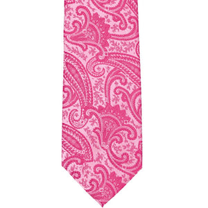 Flat front view of a bright fuchsia paisley necktie