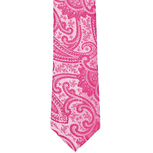 Front view of a bright fuchsia paisley slim tie