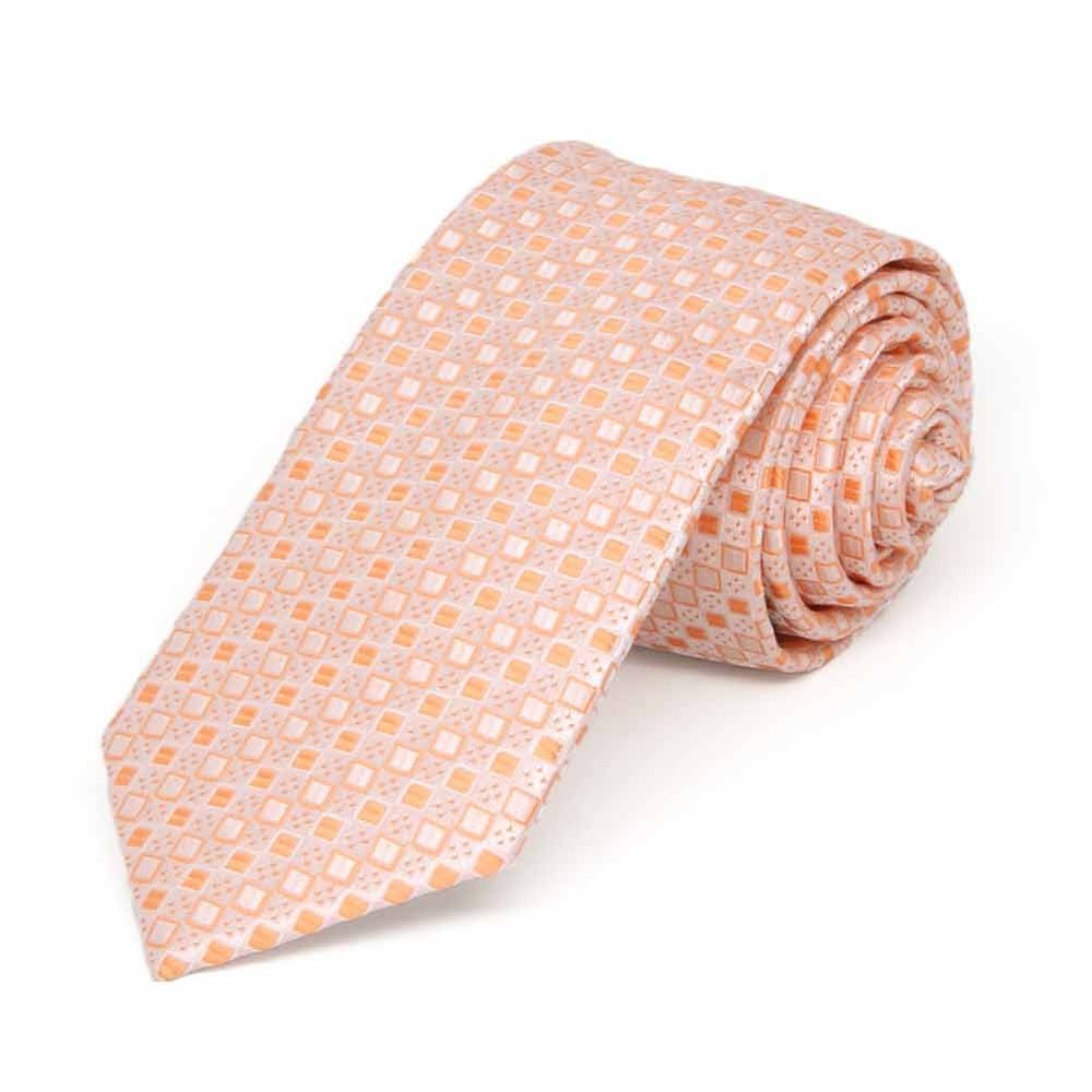Light orange square pattern slim necktie, rolled view