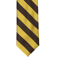 Load image into Gallery viewer, Front view of a brown and gold striped tie