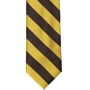 Front view of a brown and gold striped tie
