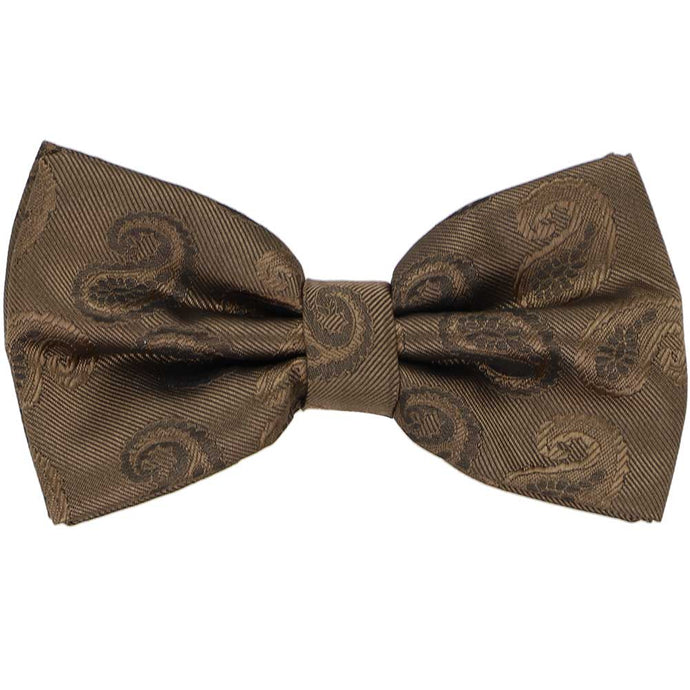 Brown pre-tied bow tie with woven paisley pattern, front view