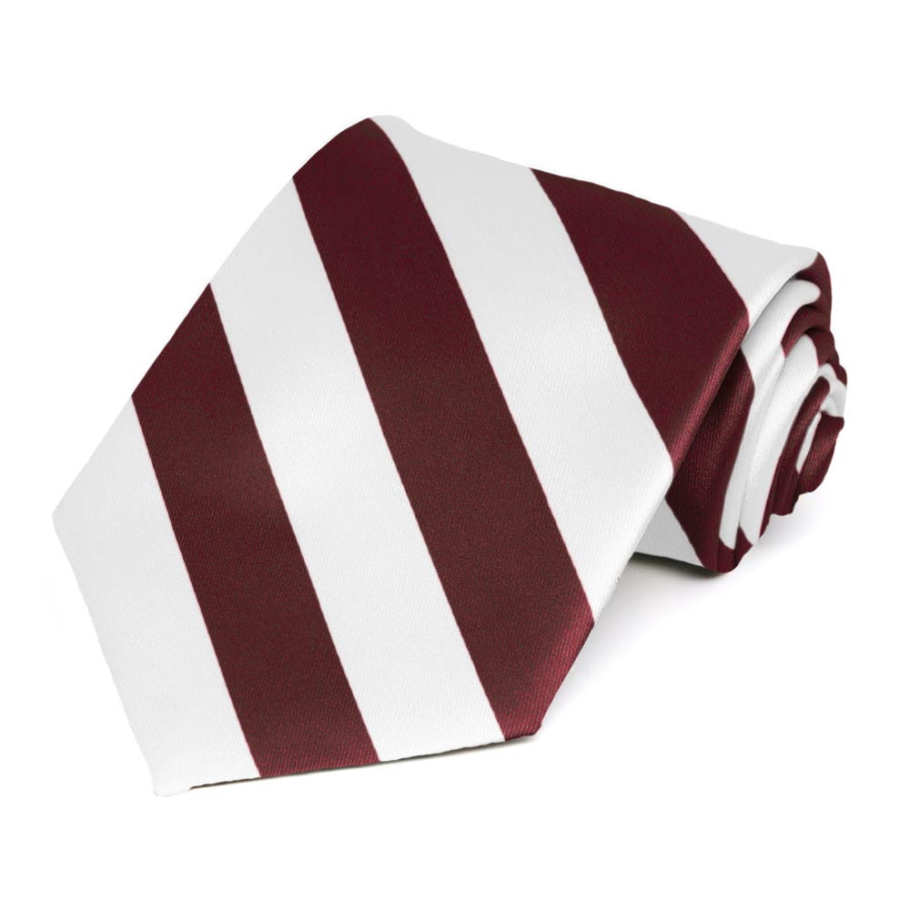 Rolled view of a burgundy and white striped tie