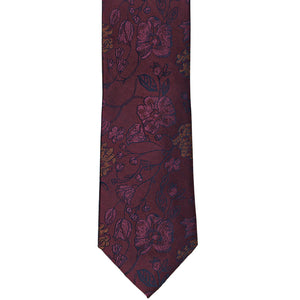 Front bottom view of a wine colored floral necktie
