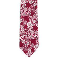 Load image into Gallery viewer, A burgundy and white floral tie, laid out flat