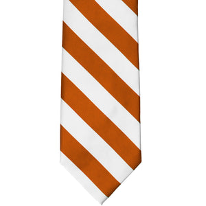 Front flat view of a burnt orange and white striped tie