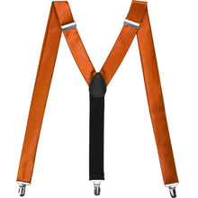 Load image into Gallery viewer, A pair of burnt orange suspenders displayed in an M shape to show off the clips and Y-design