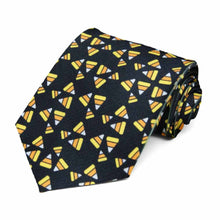 Load image into Gallery viewer, A cross hatch style candy corn pattern on a black tie.