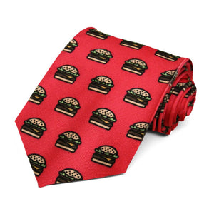 Cheeseburger pattern on a red necktie