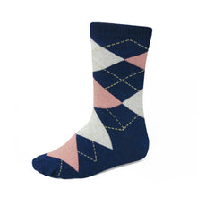 Load image into Gallery viewer, Boys&#39; navy blue and blush pink argyle socks