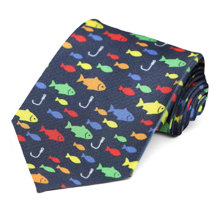 Colorful fishing tie on dark blue background