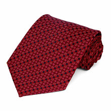 Load image into Gallery viewer, Rolled view of a crimson red and black square pattern extra long necktie