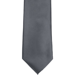 Front, bottom tip view of a dark gray solid tie