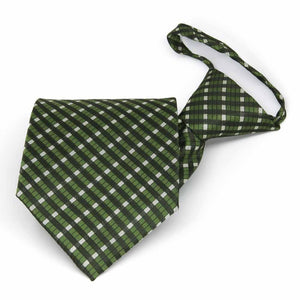 Dark green and white plaid zipper tie, folded front view