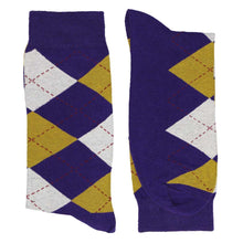 Load image into Gallery viewer, Pair of men&#39;s dark purple and gold argyle socks