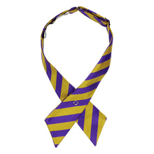 Load image into Gallery viewer, Dark purple and gold striped crossover tie pointed down