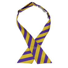 Load image into Gallery viewer, Dark purple and gold striped crossover tie