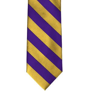 Dark purple and gold striped necktie, front view