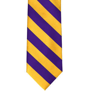 Front view of a dark purple and golden yellow striped tie