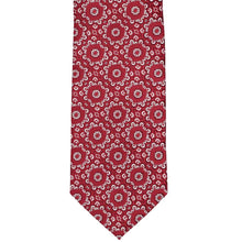 Load image into Gallery viewer, Flat front view of a red and white floral pattern necktie