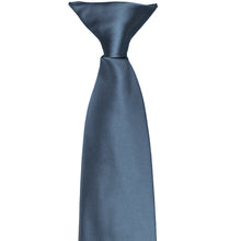 Load image into Gallery viewer, The front clip on a dusty blue pre-tied clip-on tie