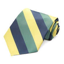Load image into Gallery viewer, Striped tie in dusty blue, eucalyptus and light yellow, rolled to show off the stripes