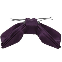 Load image into Gallery viewer, The side view of an opened eggplant purple clip-on bow tie
